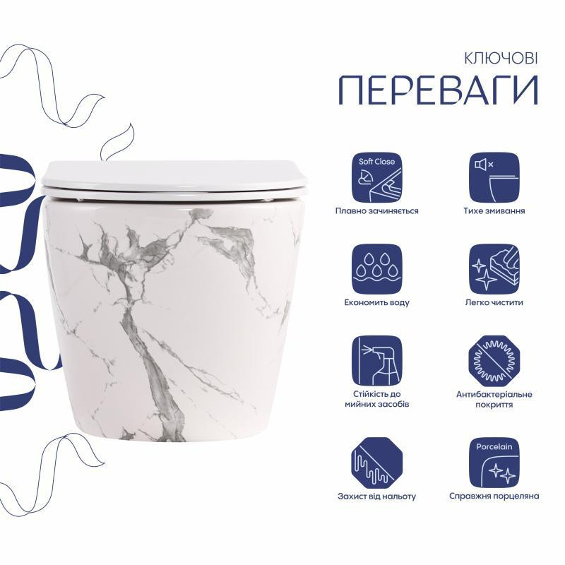 Унітаз підвісний Qtap Robin Ultra Quiet 520×365×340 мм, Marble, із сидінням Slim Duroplast/Soft-close/Quick Release Київ - фото 3