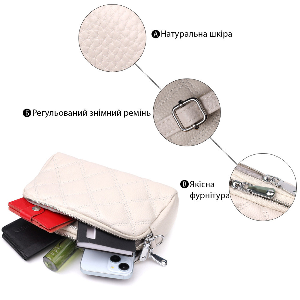 Модная женская сумка прошитая ромбами из натуральной кожи Vintage 22931 Белый Киев - изображение 4