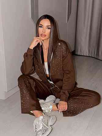 Жіночий стильний повсякденний костюм зі стразами вільного крою тринитка Шоколад, 48/50 Одеса