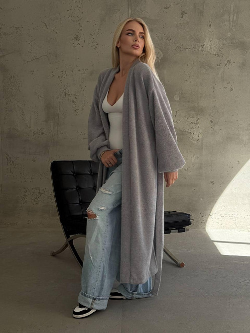 Жіночий затишний оверсайз кардиган із поясом альпака Сірий Одеса - фото 5