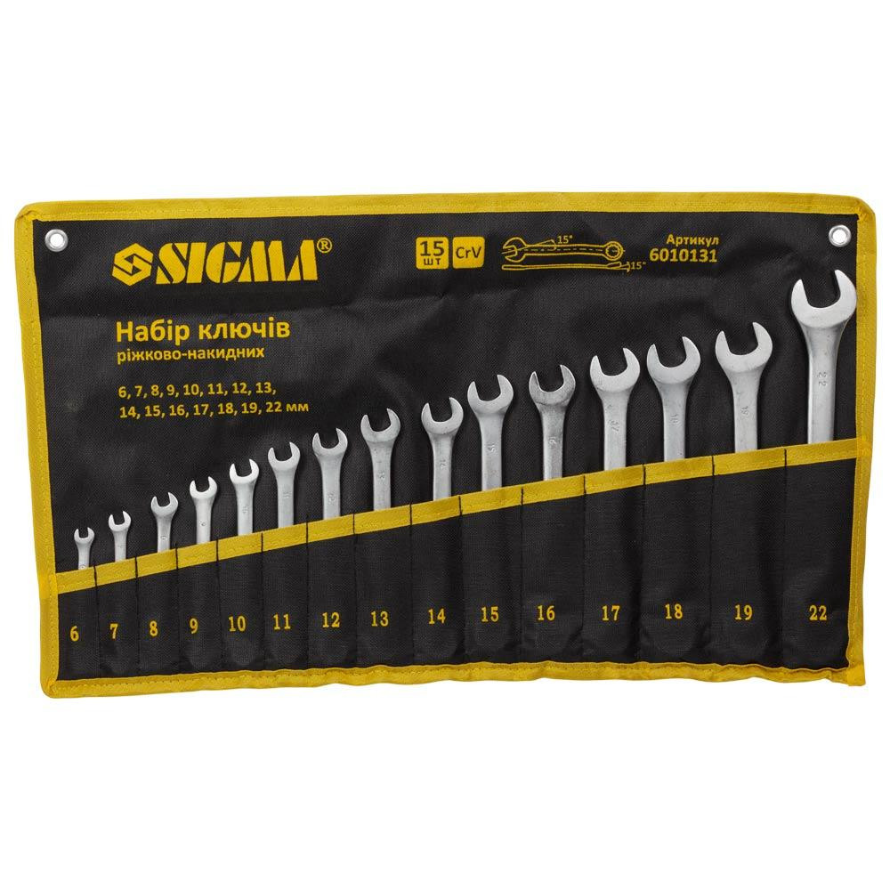 Ключи рожково-накидные 15шт 6-22мм CrV satine (тк чехол) SIGMA (6010131) Ровно - изображение 1
