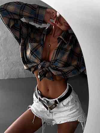 Женская базовая рубашка в клетку турецкая фланель Голубой Одесса