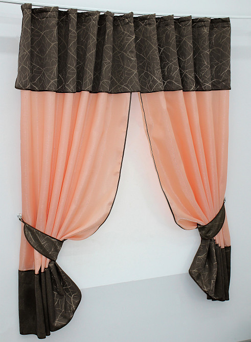 Кухонные шторы VR-Textil № 073к с ламбрекеном и подхватами персиковый с коричневым 270х170 см (52-0216) Киев - изображение 2