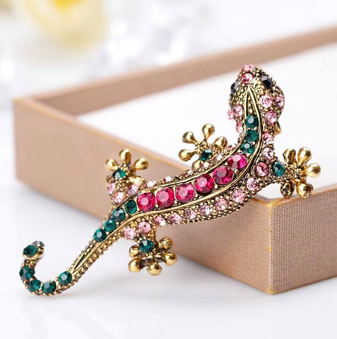 Брошь ящерица со стразами винтажная золотая брошь животное декоративное украшение Киев - изображение 1