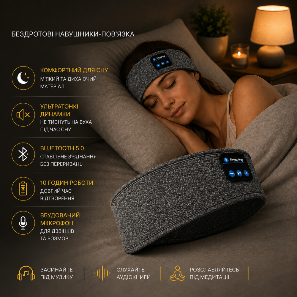 Беспроводные Bluetooth наушники-повязка для сна и спорта с микрофоном SleepBand BT 5.0, 10 часов работы, Серая Киев - изображение 12