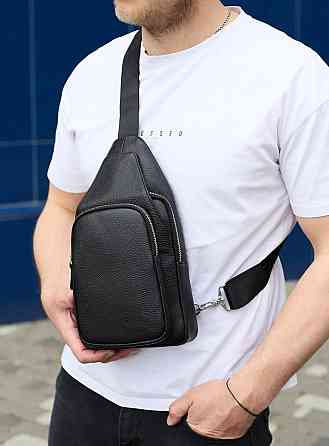 Чоловіча шкіряна сумка-слінг через плече з натуральної шкіри чорна TIDING BAG Київ