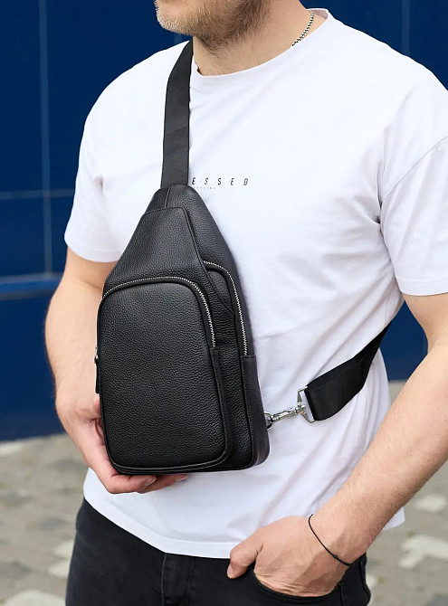 Мужская кожаная сумка слинг через плечо из натуральной кожи черная TIDING BAG Киев - изображение 2