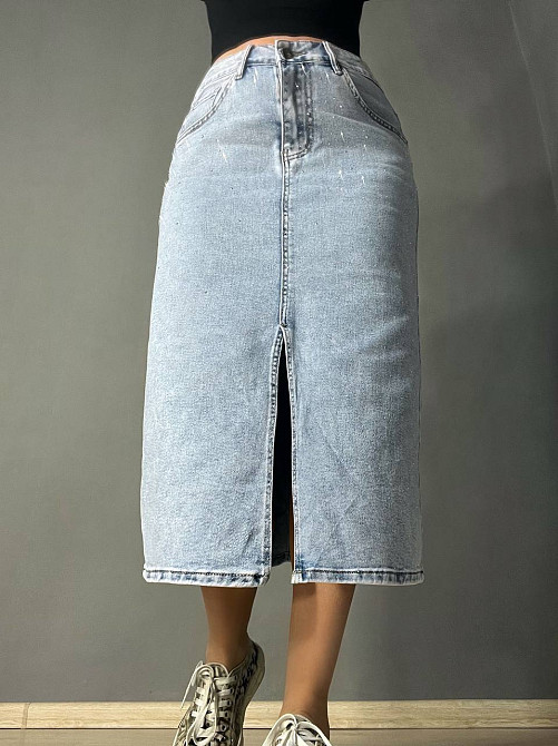 Юбка женская джинсовая Liana 421 россыпь камешков прямая разрез впереди стрейчевая большие размеры голубая, голубой, 4О, 40, 105 см, 127 см Киев - изображение 19