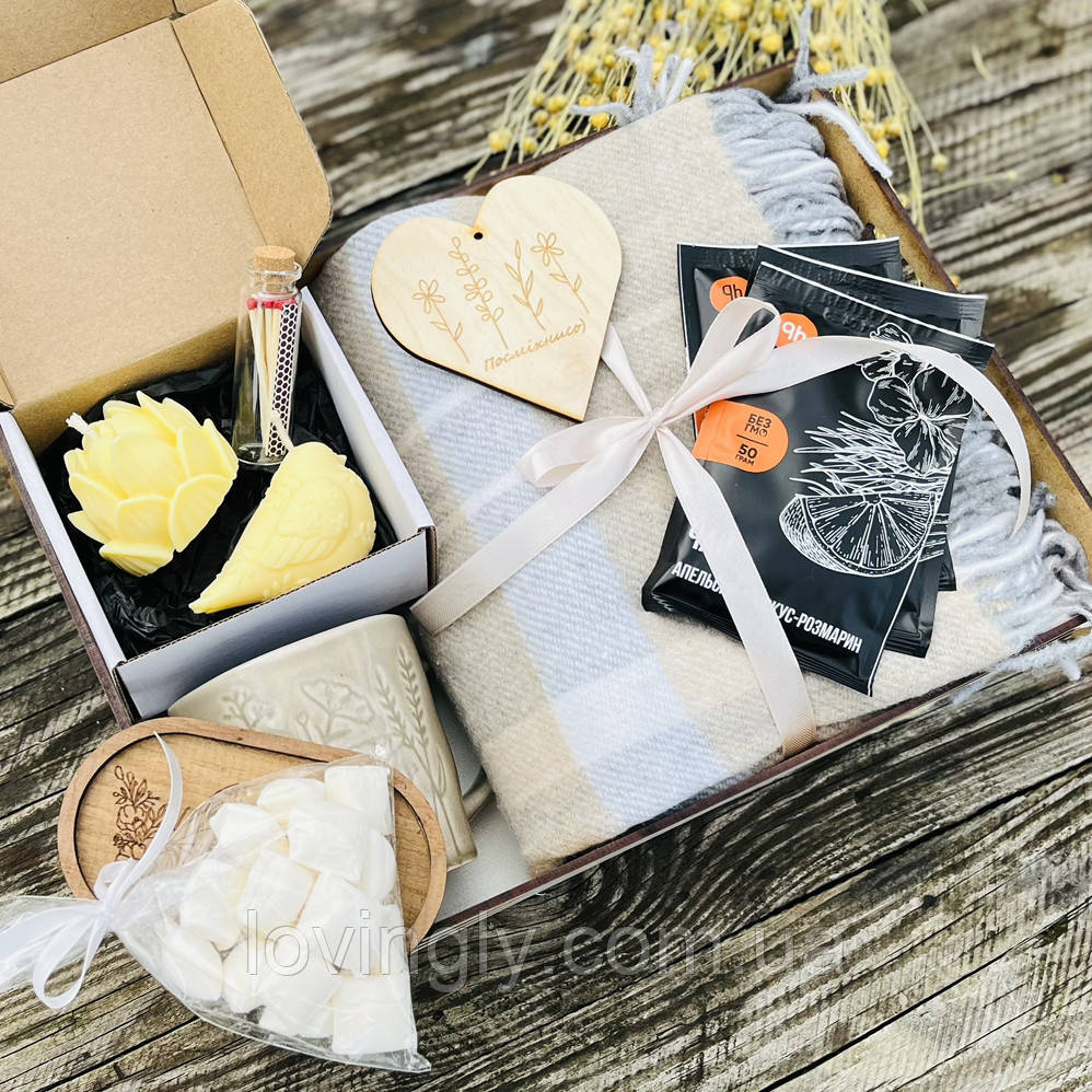 Премиум подарочный набор со свечами ручной работы, шерстяным пледом и натуральным чаем Ирпень - изображение 1
