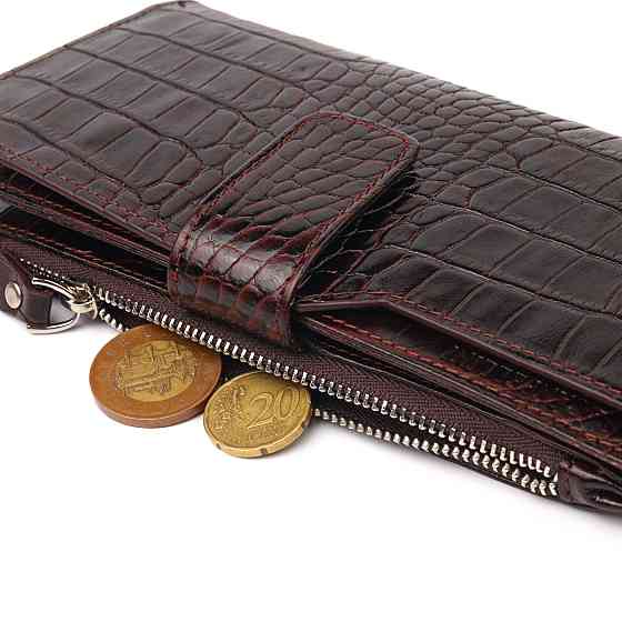 Вместительный кошелек из натуральной кожи с тиснением под крокодила Коричневый (CANPELLINI) Киев