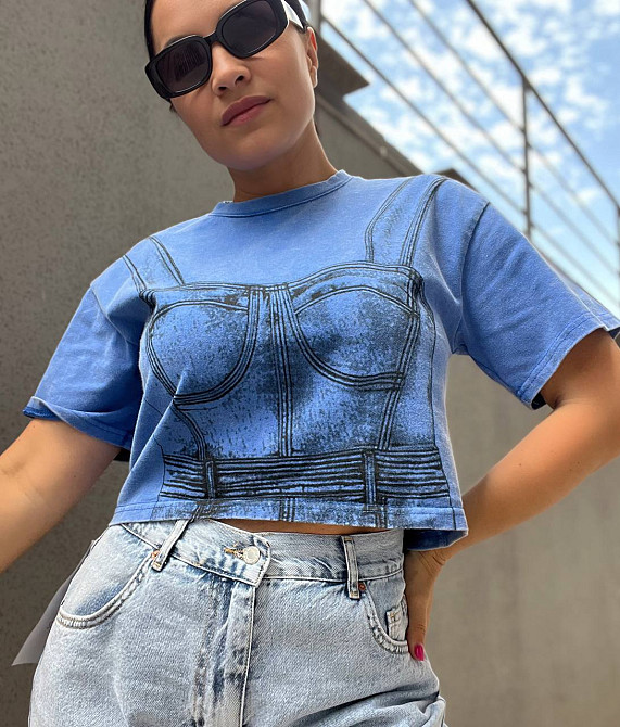 Футболка женская A-N 2732 вареная короткая широкая рисунок корсет бра, синий, one size Киев - изображение 13