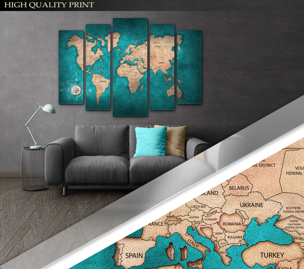 Модульна картина у вітальню / спальню Карта світу Шкіра бірюзова Art-468_5 ( 80х118см ) Київ - фото 3