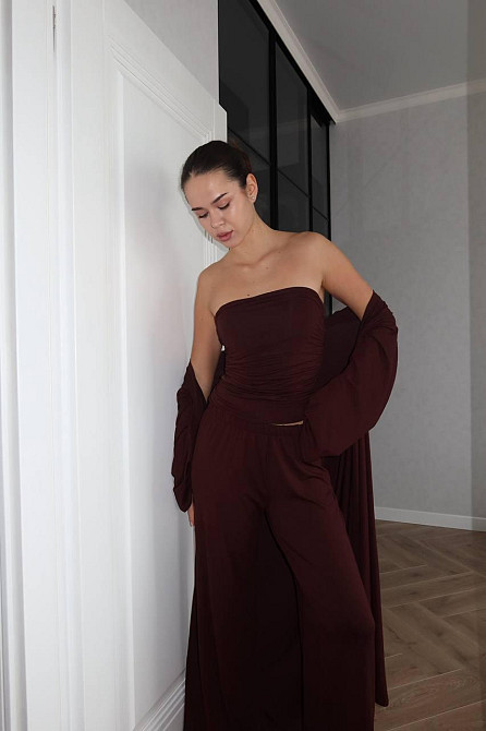 Жіночий базовий костюм-трійка: кардиган топ і штани турецька віскоза Шоколадний Одеса - фото 8