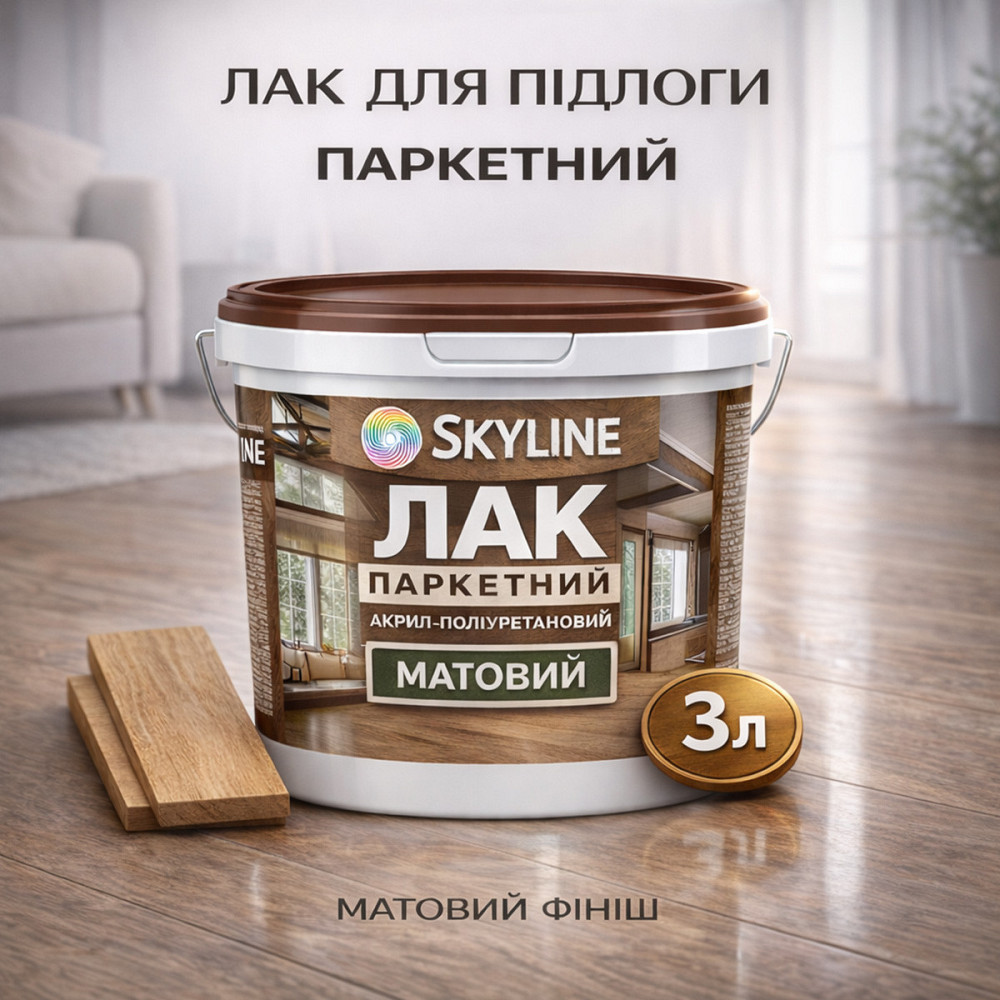 Лак для підлоги матовий Skyline паркетний, акрил-поліуретановий, водний, зносостійкий, без запаху, 3 л Харків - фото 1