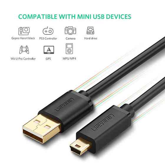 Кабель Mini USB Ugreen US132 для заряджання і передачі даних (Чорний, 2м) Николаев