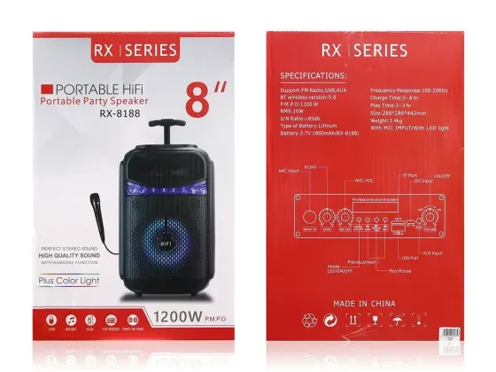 Портативна музична Bluetooth колонка RX-8188 з мікрофоном, LED підсвіткою, FM та ручкою на колесах Київ