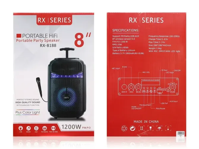 Портативна музична Bluetooth колонка RX-8188 з мікрофоном, LED підсвіткою, FM та ручкою на колесах Київ - фото 2