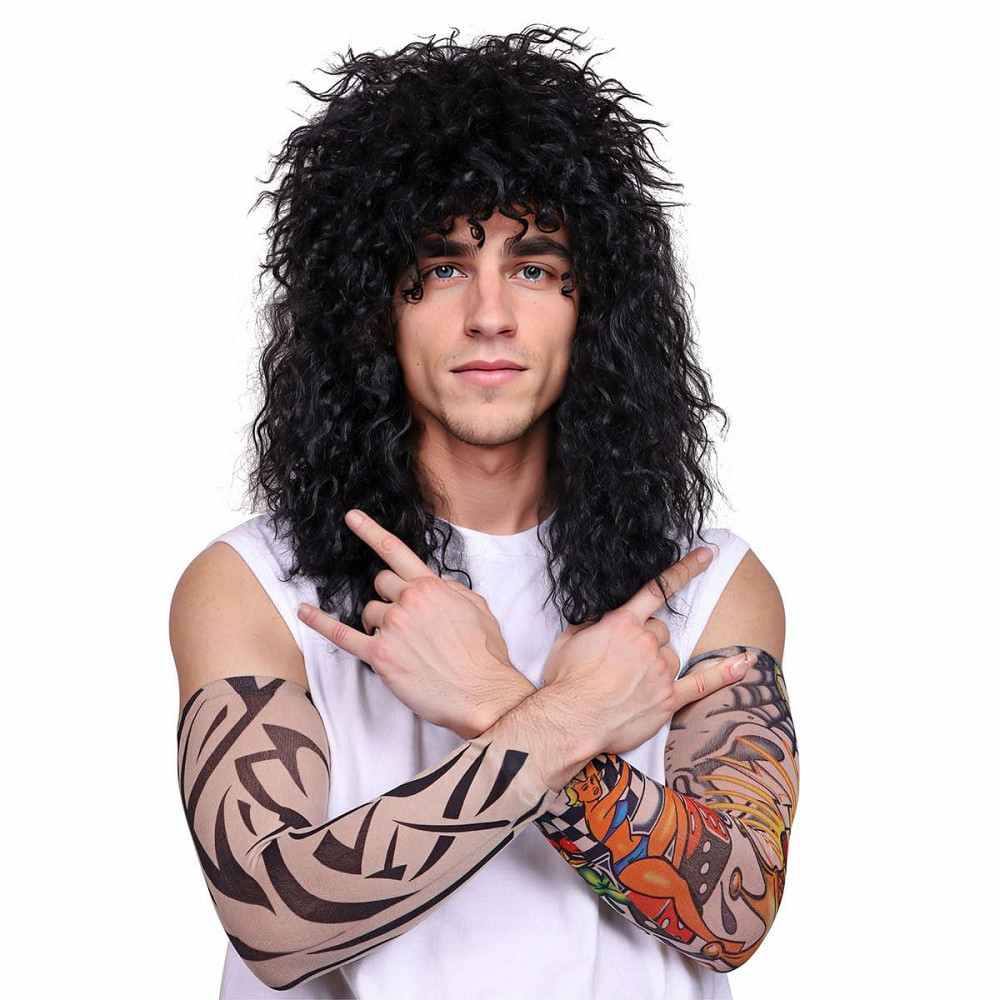 Парик черный кудрявый длинный в стиле рок 80-х, с тату рукавами, для косплей вечеринок смены образа Рок-звезда Киев - изображение 7