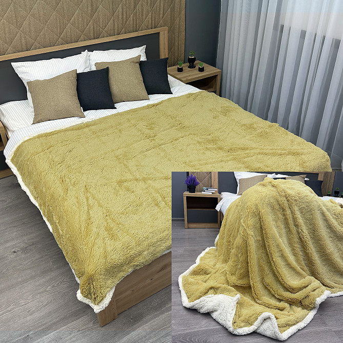 Плед двосторонній 155х200 см (+-5см) із штучною овчиною та хутром Гірчичний з білим (87-080) Київ - фото 1