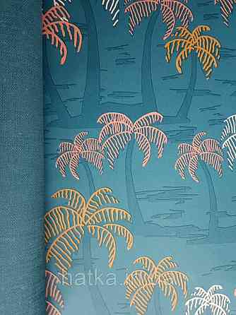 Шпалери вінілові Lutece Bensimon пальми дерева теракотові світло-рожеві на синьому Київ