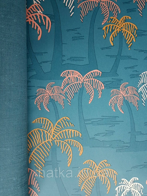 Шпалери вінілові Lutece Bensimon пальми дерева теракотові світло-рожеві на синьому Київ - фото 3