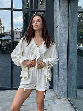 Женский летний костюм креп-жатка (рубашка и шорты) One size 42-46, молочный Лубны