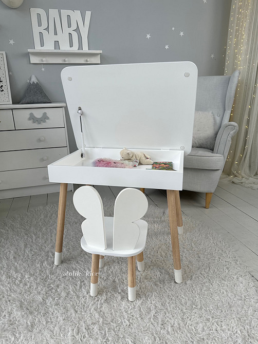 Дитячий столик і стільчик метелик білий. Столик із нішею для олівців і розмальовок Київ - фото 2