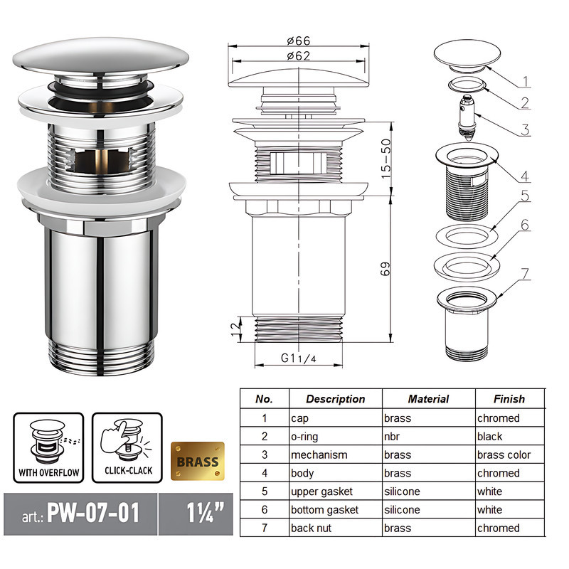 Донный клапан для раковины Koer PW-07-01 1 1/4'' с переливом автоматический СLICK-СLACK (Цвет хром) (KR5782) Киев - изображение 2