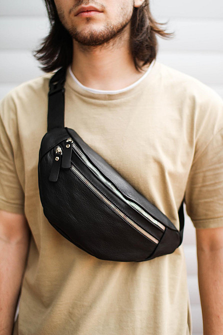 Мужская сумка на пояс, бананка из натуральной кожи SL002 (Черная) Сумы - изображение 5
