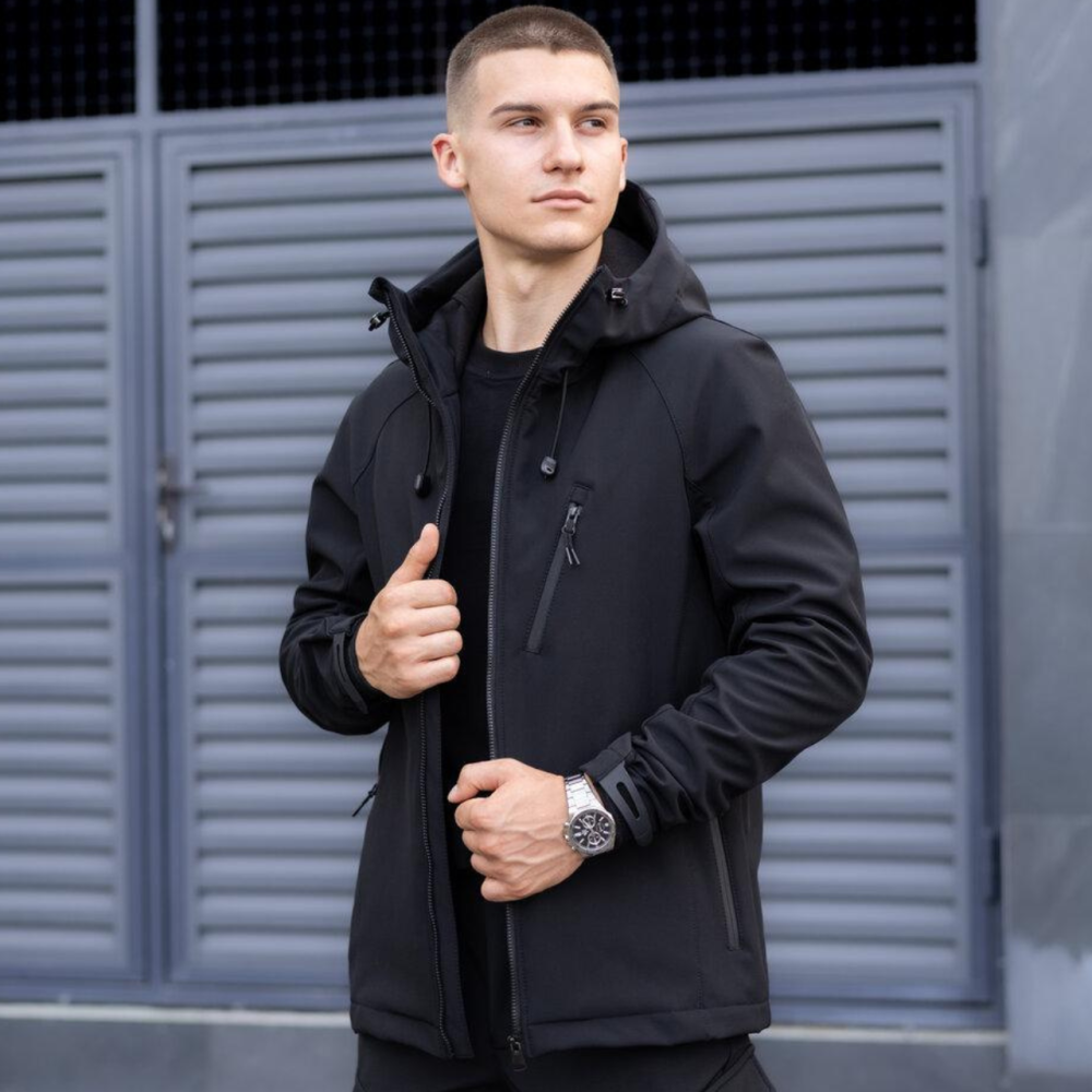 Чоловіча куртка soft shell Pobedov Matrix софтшелл Куртка демісезонна з капюшоном осінь весна чорна Одеса - фото 1
