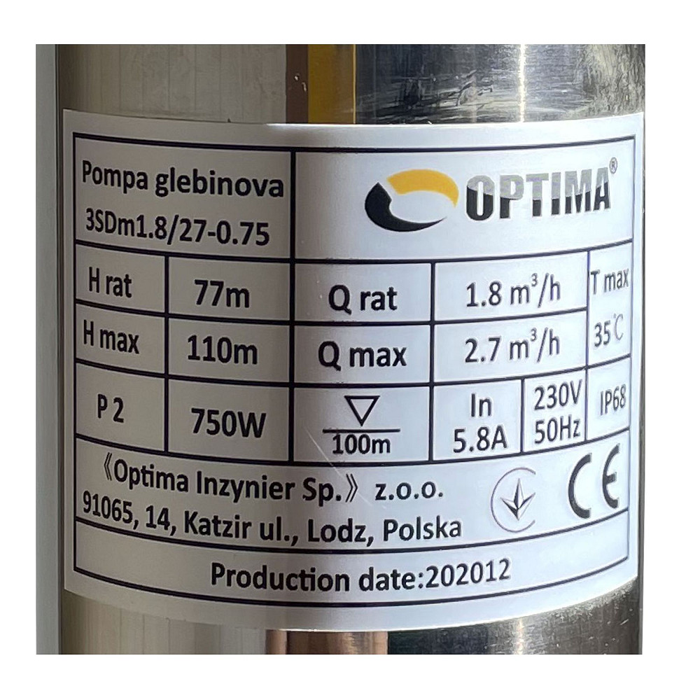 Насос свердловинний з підв, стійк, до піску 3″ OPTIMA 3SDm1,8/27 0,75 кВт 115м +пульт+кабель 1,5мNEW Тернополь - изображение 2