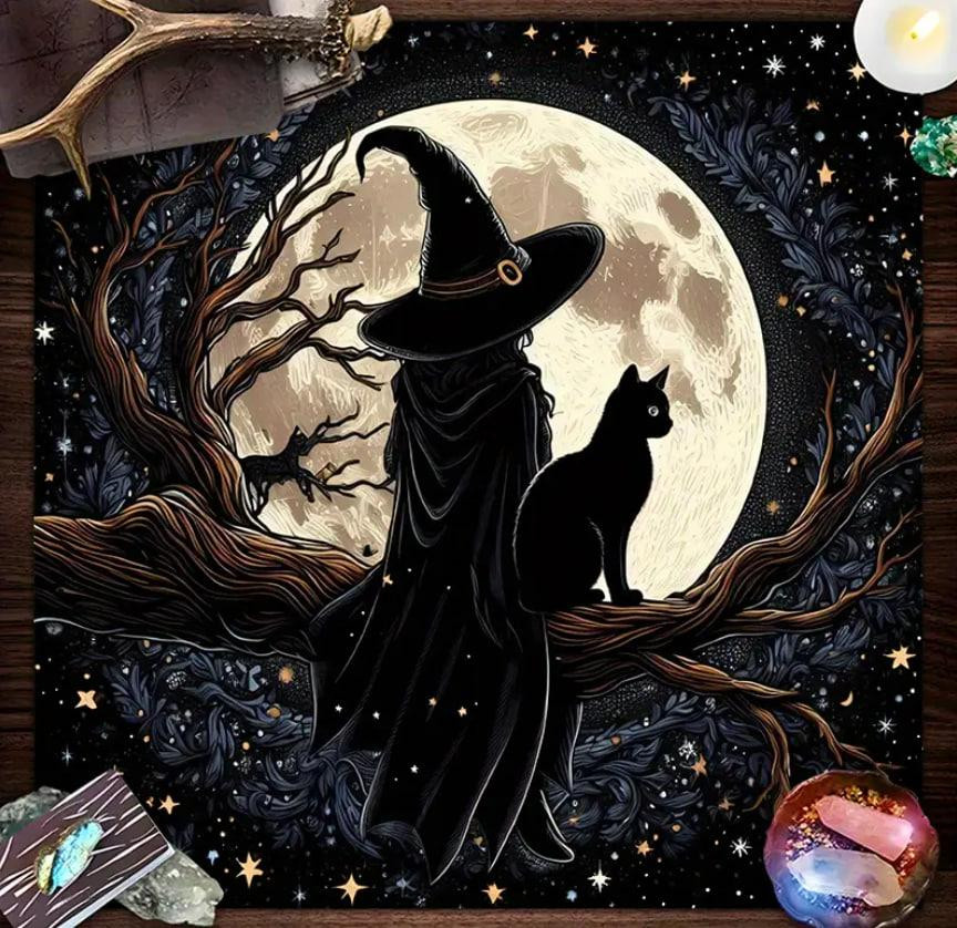 Вівтарна скатертина 49×49 см з відьмою, котом і повним місяцем — для Таро, рун і ритуалів Київ - фото 1