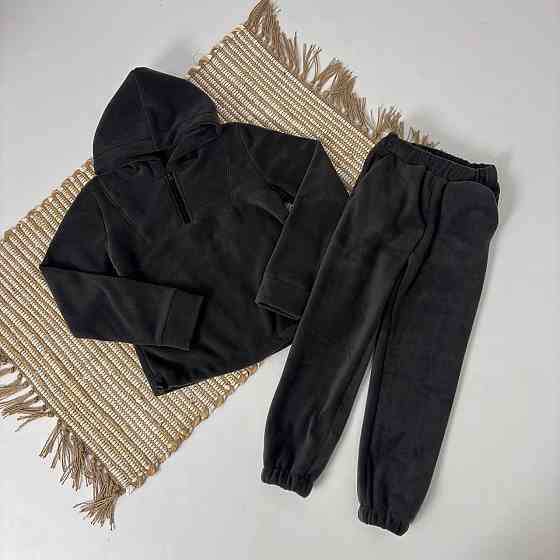 Дитячий теплий костюм тедді з полур флісу на затяжках (толстовка з капюшоном + штани) Графіт 152 Кам'янець-Подільський