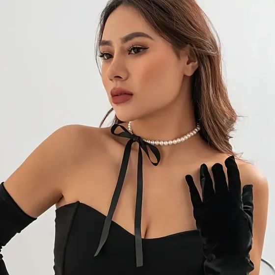 Чокер жемчужный с черной атласной лентой – бант, 37 см, бусины 8 мм, лента 90 см Киев