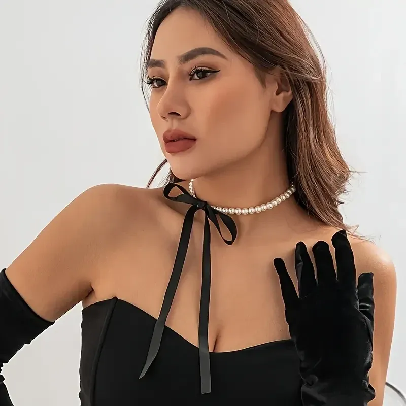 Чокер жемчужный с черной атласной лентой – бант, 37 см, бусины 8 мм, лента 90 см Киев - изображение 2