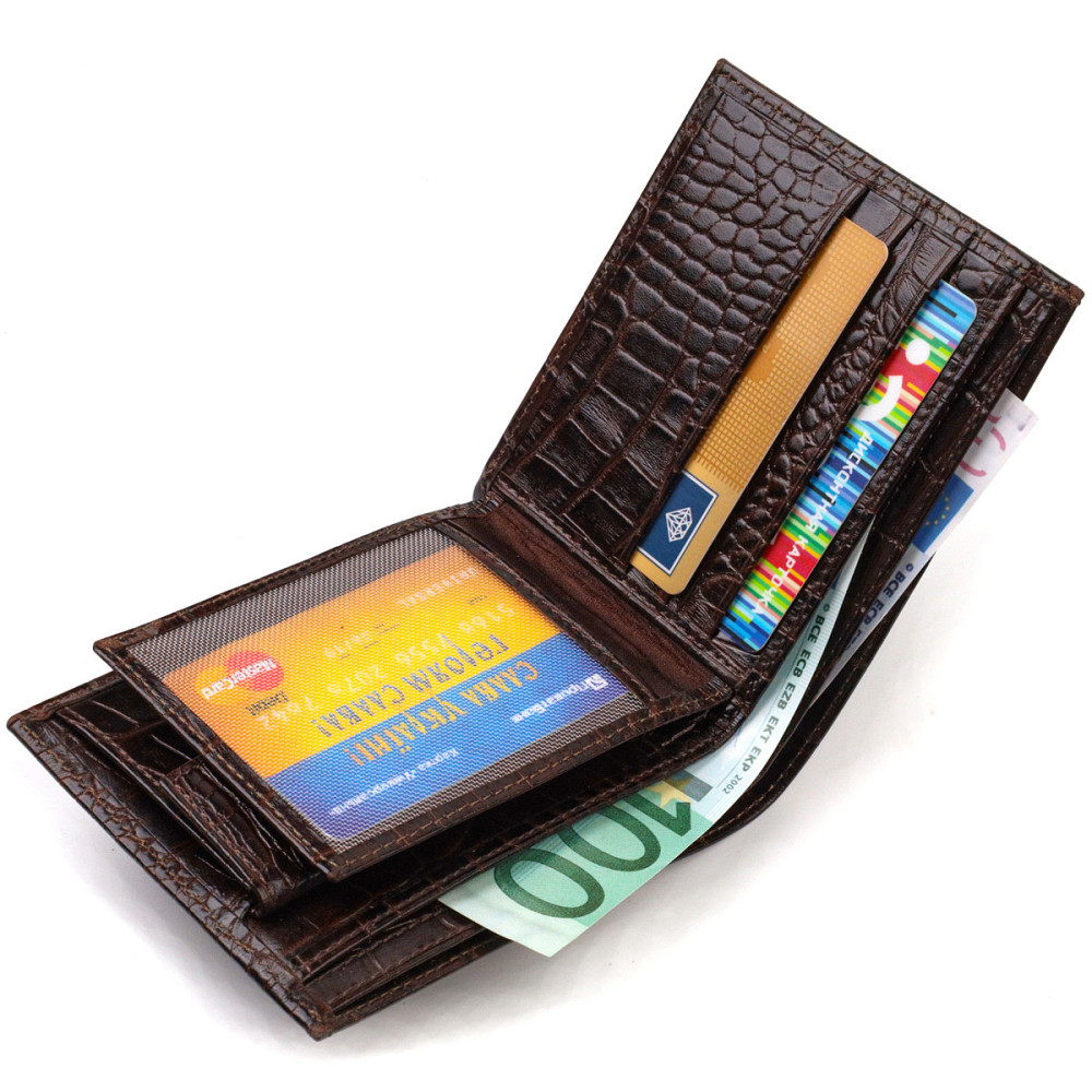 Горизонтальний чоловічий гаманець середнього розміру з натуральної шкіри з тисненням під крокодила CANPELLINI 21860 Коричневий Київ - фото 7