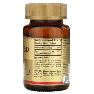 Мінерали Solgar Хелатне Залізо, Бісгліцінат Заліза, 25 мг, Chelated Iron, 1 (SOL-00680) Вінниця