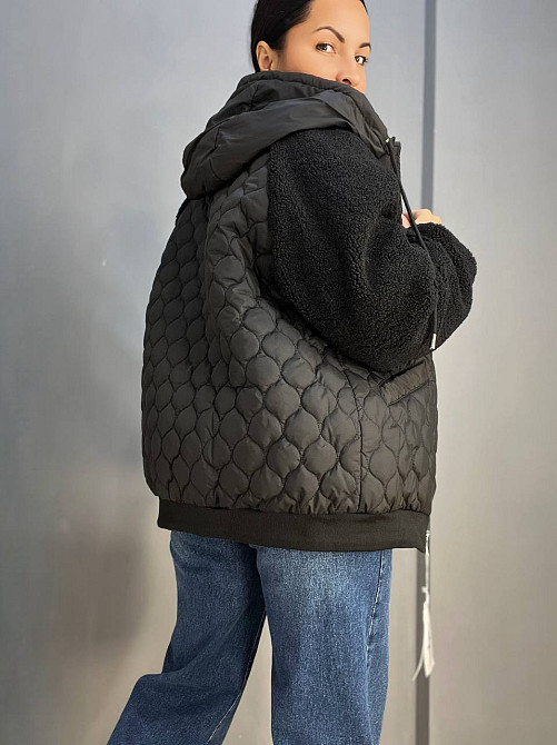Куртка жіноча DARK SNOW 2355 стегана ркува штучне хутро з капюшоном збільшені розміри чорна, чорний, Одеса - фото 5