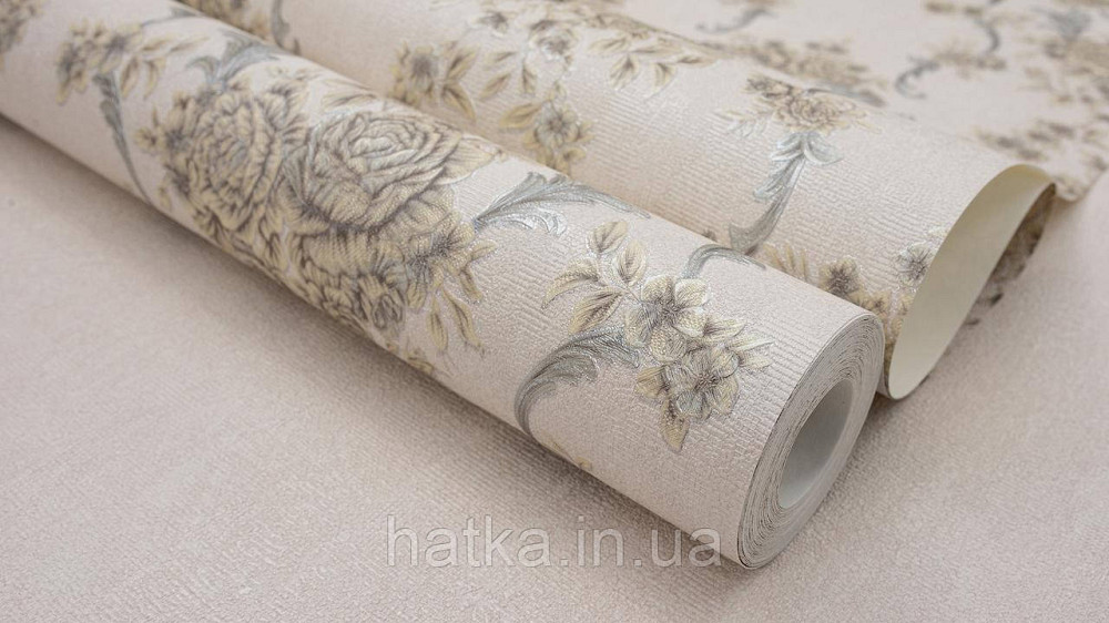 Шпалери метрові вінілові на флізеліні Sintra Classic класика квіти троянди завитки структурні жовті срібло на бежевому 445631 Київ - фото 4