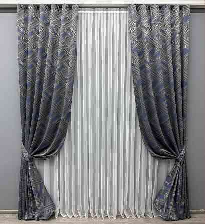 Комплект готовых штор VR-Textil Жаккард Mystery № 1627ш Серый с темно-синим 150х290 см 2 шт (33-0474) Киев