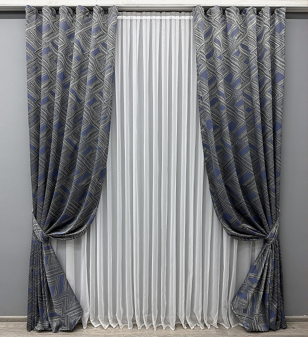 Комплект готовых штор VR-Textil Жаккард Mystery № 1627ш Серый с темно-синим 150х290 см 2 шт (33-0474) Киев - изображение 2
