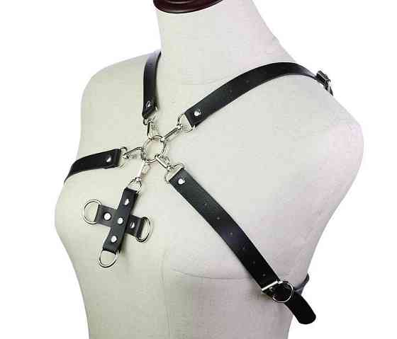Портупея зі штучної шкіри з фіксатором Women's PU Leather Chest Harness Caged Bra GREY Sex Aura Київ