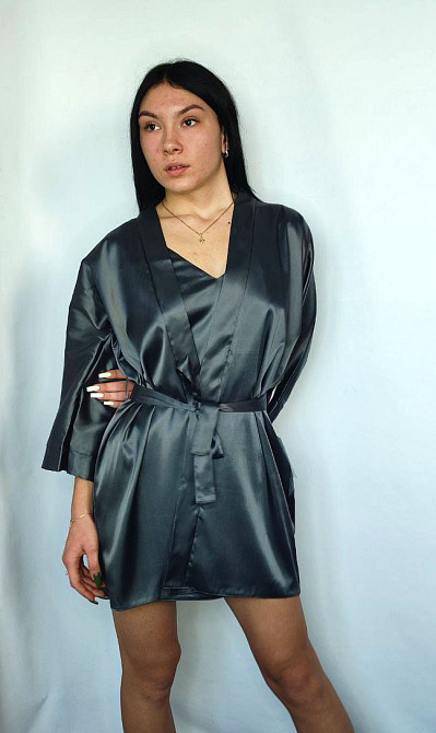 Халат женский атласный графит  под пояс длина 90см XL/2XL Харків - фото 1