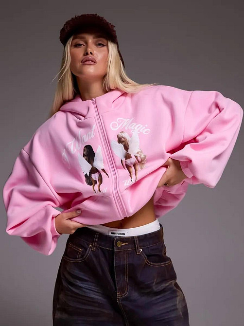 Жіночий трендовий оверсайз худі на блискавці тринитка на флісі Барбі Одеса - фото 1