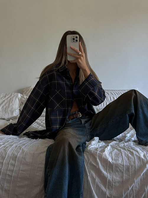 Жіноча трендова сорочка оверсайз у клітинку фланель Джинс Одеса - фото 7