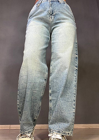 Джинси жіночі I8 52428 Skater Jeans банани висока посадка варка з жатим ефектом косі кишені блакитні Одеса - фото 5