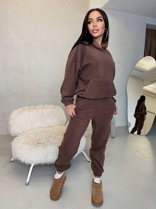 Женский теплый прогулочный костюм двойка: худи и штаны двусторонний флис Шоколадный, 46/48 Одесса - изображение 4
