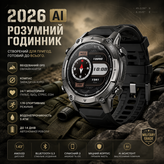 Тактические смарт-часы 2026 AI Mil-Spec: GPS, Офлайн-карты, Искусственный интеллект GPT, 5ATM, Компас, Барометр — Stealth Black Киев