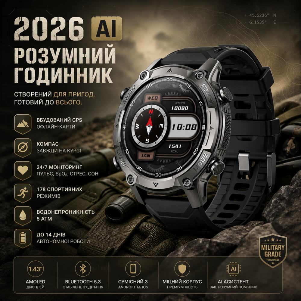 Тактические смарт-часы 2026 AI Mil-Spec: GPS, Офлайн-карты, Искусственный интеллект GPT, 5ATM, Компас, Барометр — Stealth Black Киев - изображение 1