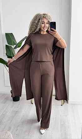 Женский базовый прогулочный костюм тройка: кардиган футболка и штаны трикотажный рубчик Мокко, 52/54 Одесса